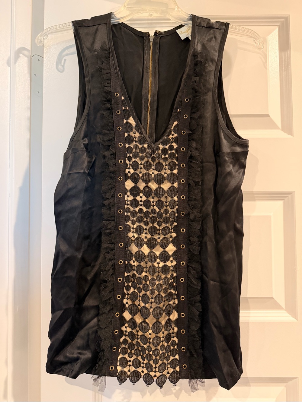 Tracy Reese Black Sleeveless V-Neck Camisole with Cream Lace Panel